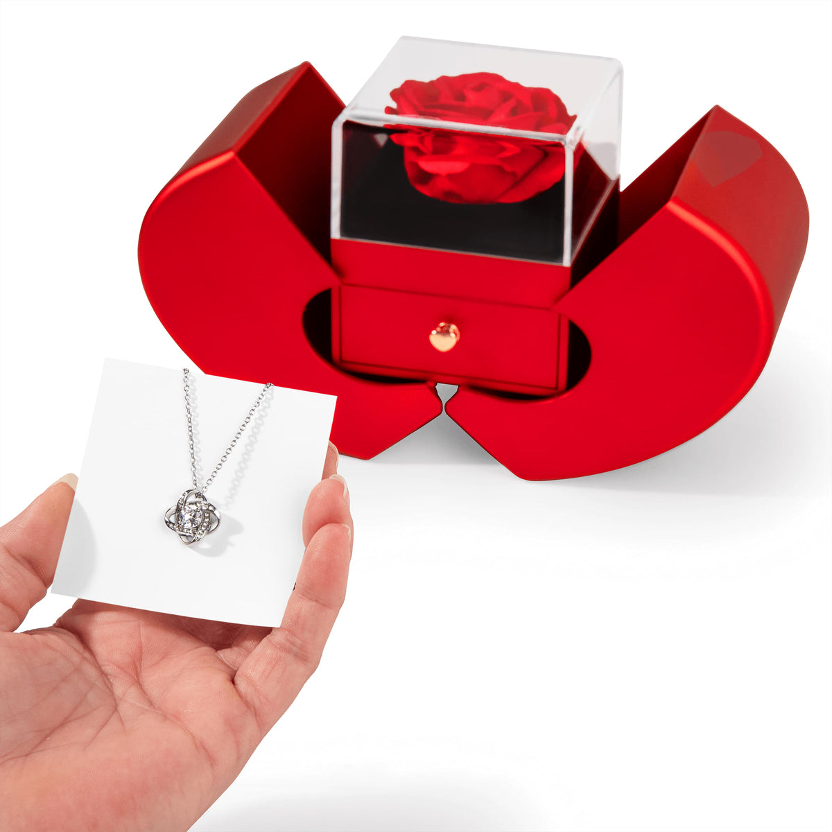 Love Knot necklace in Special Heart box, with personalized message.