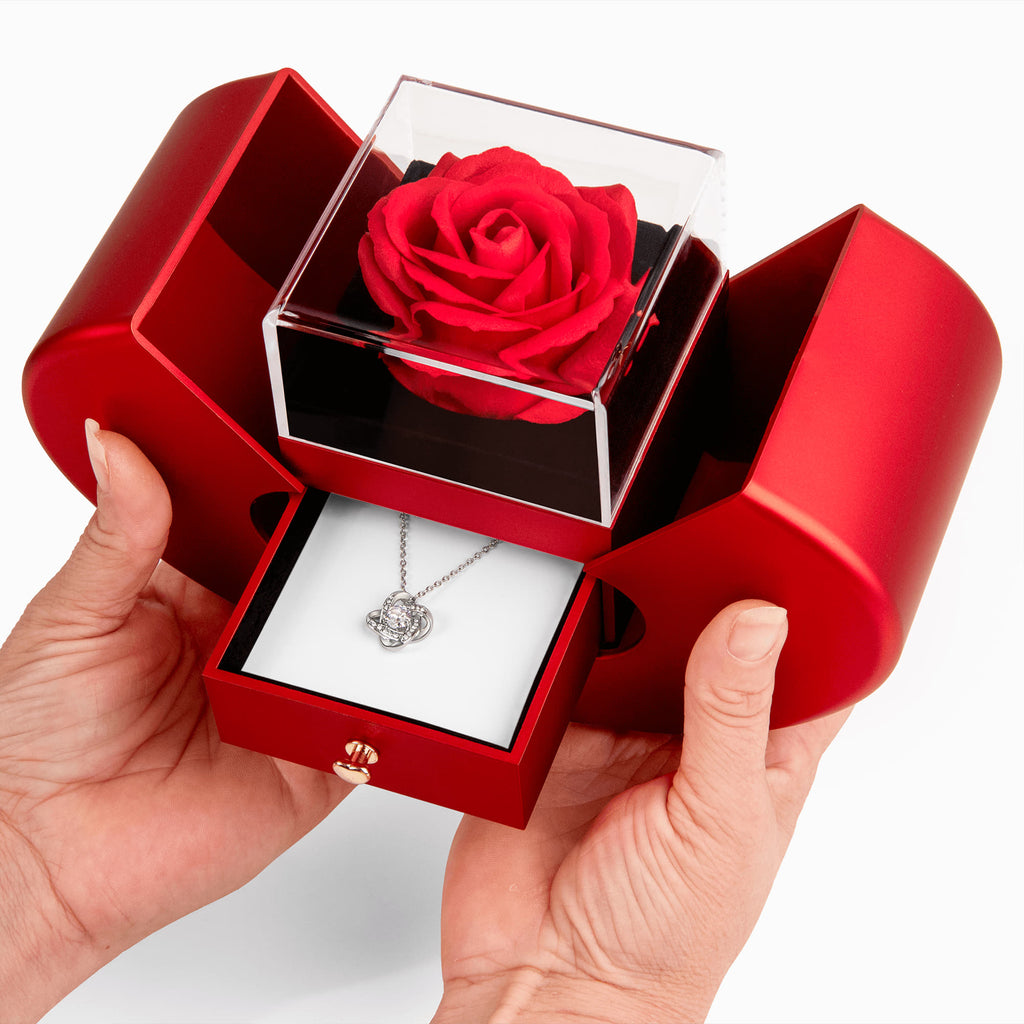 Love Knot necklace in Special Heart box, with personalized message.